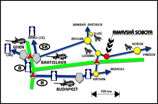 Rimavska Sobota, Lucenec, Kosice, Zvolen, Banska Bystrica, Miskolc, Hatvan; Vienne, Budapest, Bratislava; Map of the region.